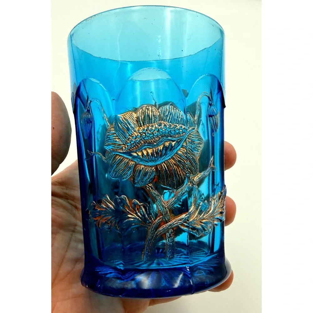 Antique Northwood Electric Celeste Blue Oriental Poppy Glass Tumblers EAPG Flora